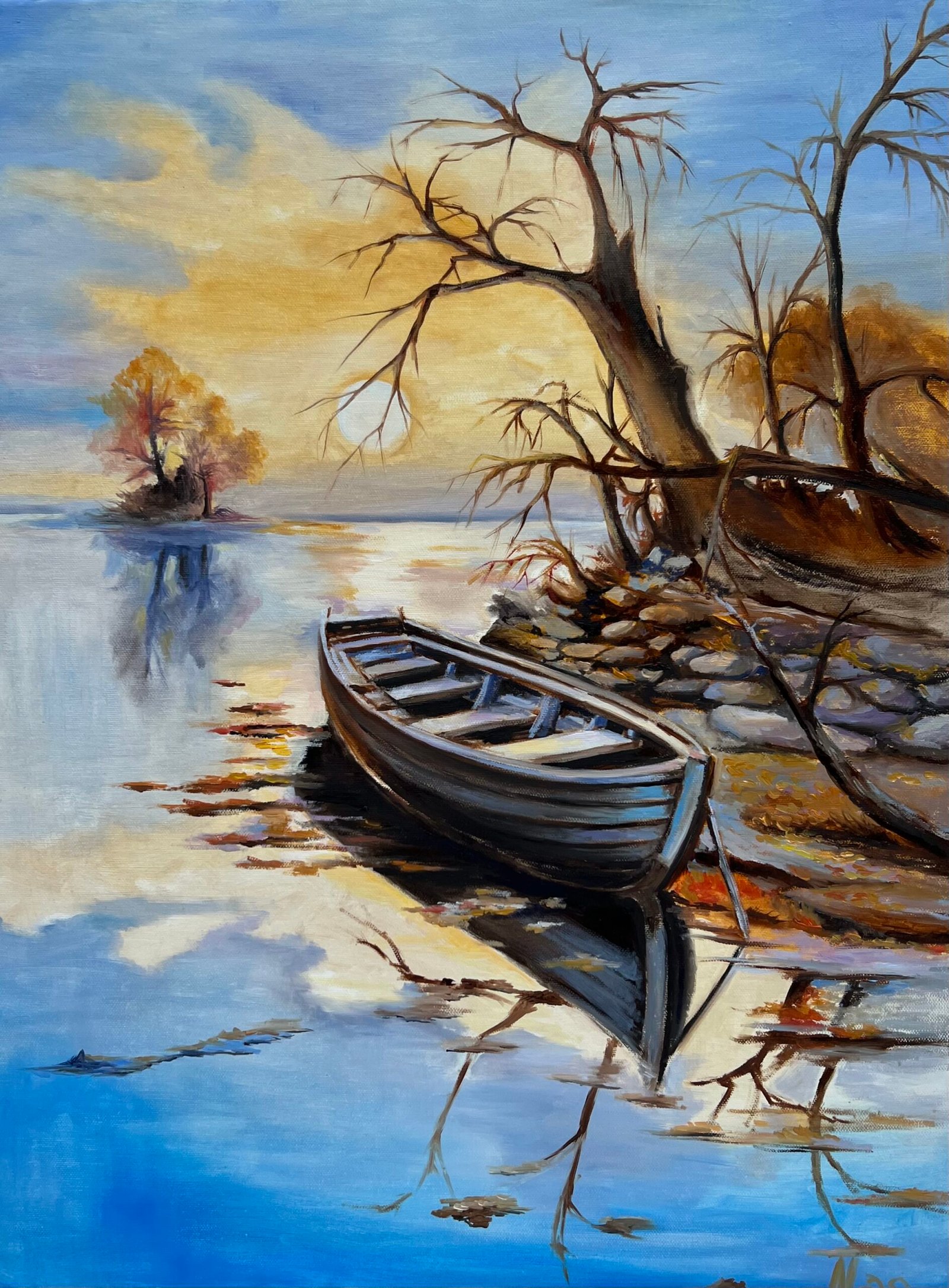 Lake Landscape with Fishing Boat