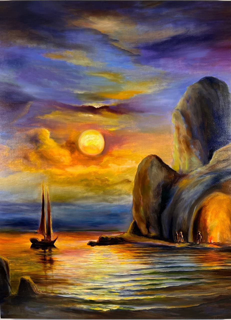 Mountain and Sailboat Painting
